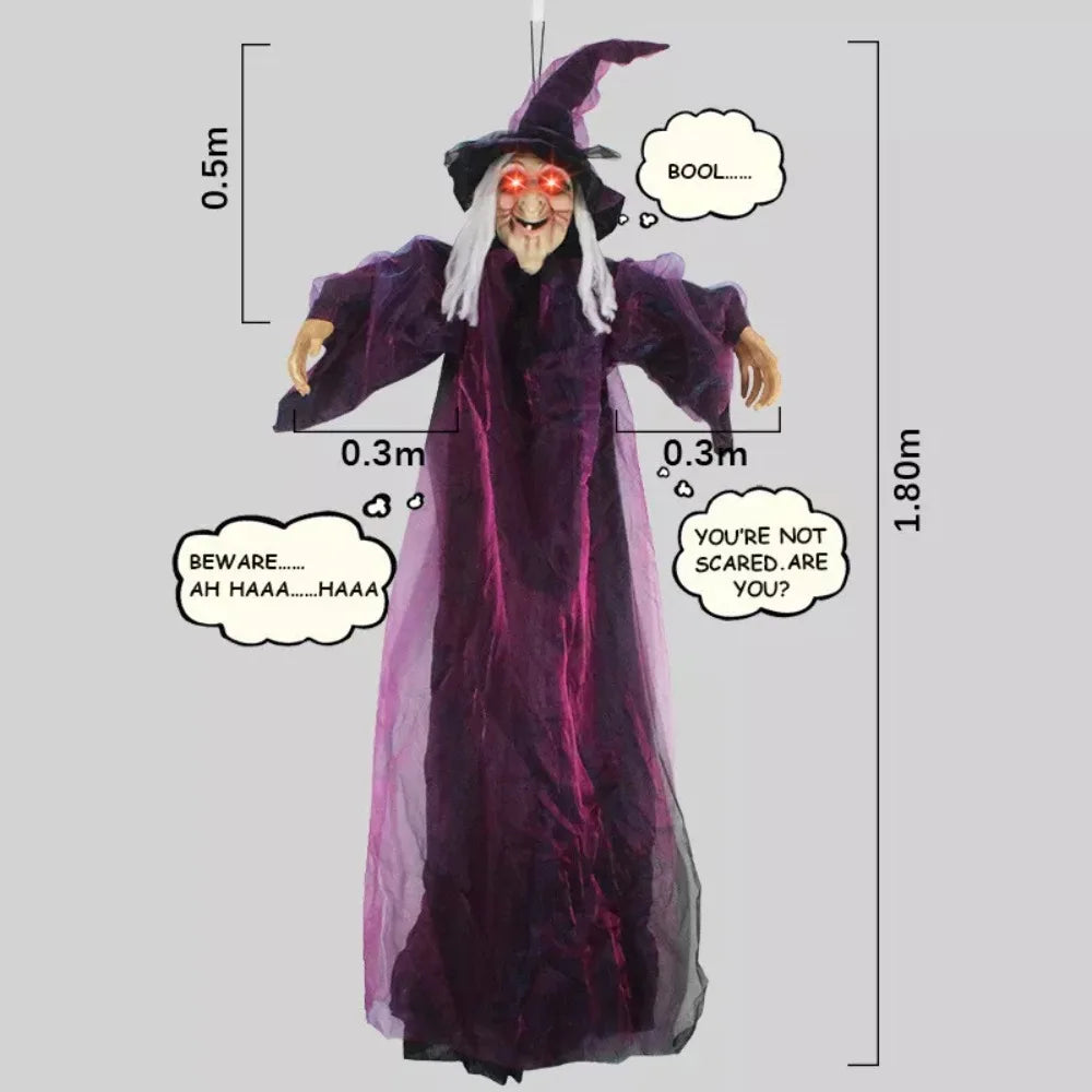 6-Foot Life-Size Animated Talking Purple Witch Halloween Decor with Sound Activation, Glowing Eyes, and Screeching Sounds for Indoor/Outdoor Use