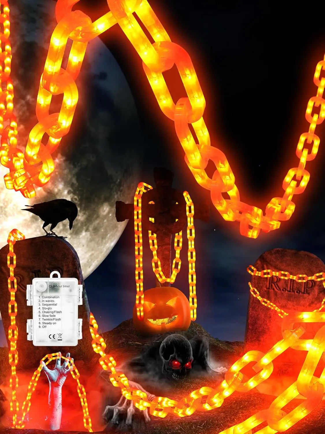 Halloween Solar-Powered Waterproof Outdoor Chain Lights with 8 Modes for Spooky Yard Decor