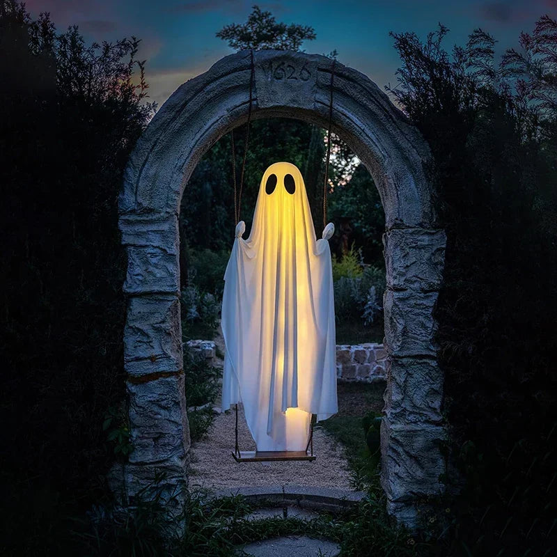 Outdoor Large Hanging Ghost Swing Decoration with Integrated Lights for Halloween Porch and Yard Decor