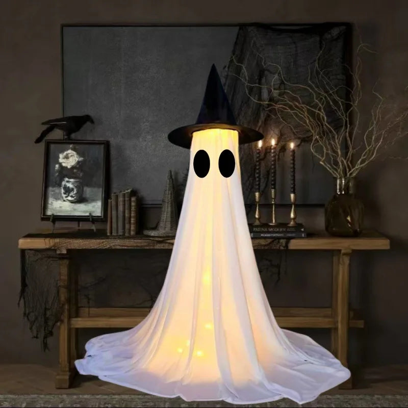 Eerie Glowing Ghost Halloween Yard Decoration with Witch Hats for Outdoor Display