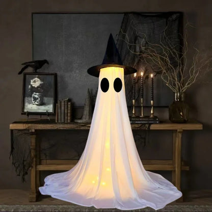 Eerie Glowing Ghost Halloween Yard Decoration with Witch Hats for Outdoor Display
