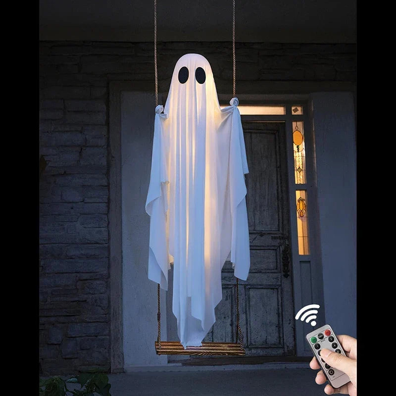 Outdoor Large Hanging Ghost Swing Decoration with Integrated Lights for Halloween Porch and Yard Decor