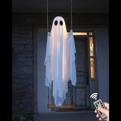 Outdoor Large Hanging Ghost Swing Decoration with Integrated Lights for Halloween Porch and Yard Decor
