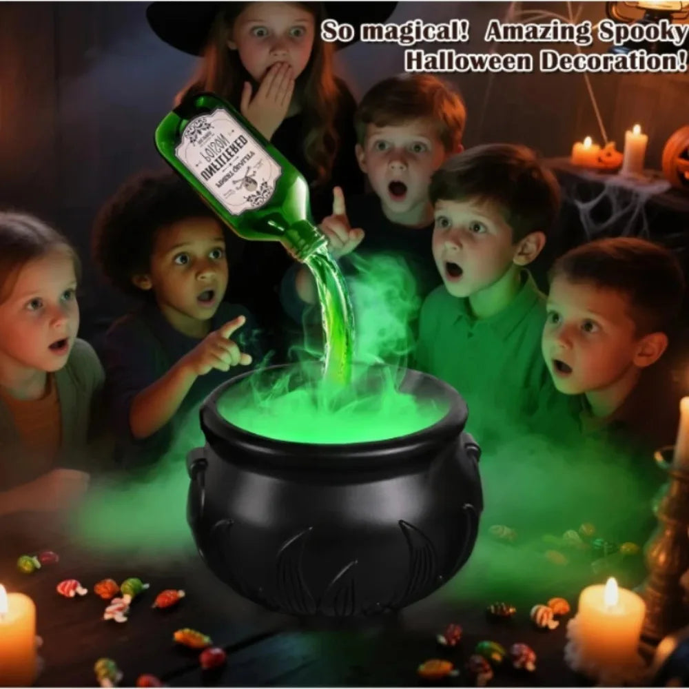 Halloween Witch Cauldron Fog Machine with Green LED Lighting for Haunted House Decorations