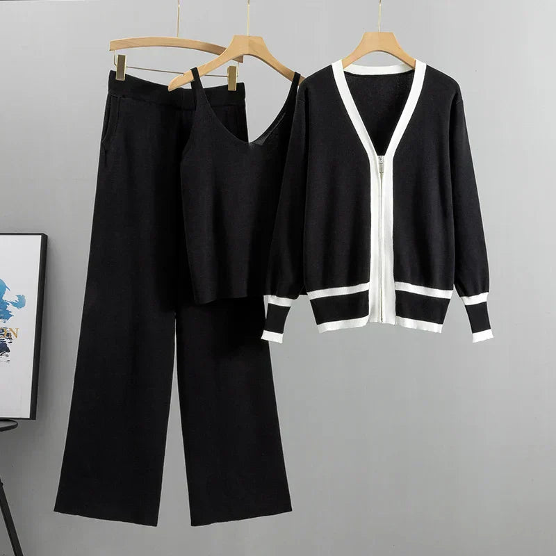 Elle Luxury Three-Piece Knit Set with Vest and Cardigan