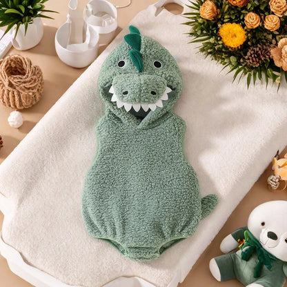 Plush Baby Dinosaur Halloween Costume Romper with Hood Sleeveless Design for Kids' Festive Fun