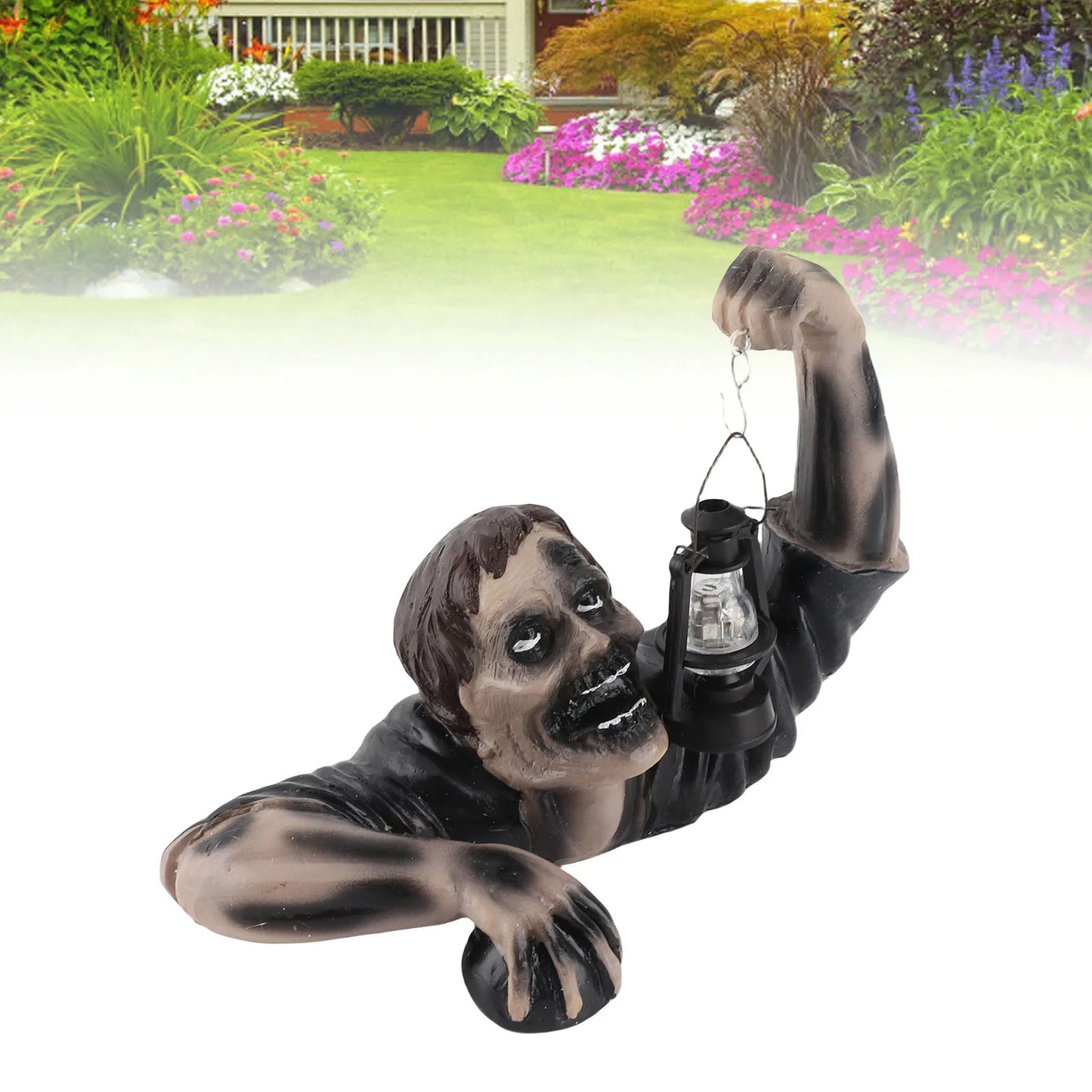 Zombie Garden Statue with Glowing LED Lantern for Spooky Halloween Yard, Patio, and Lawn Decor