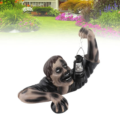 Zombie Garden Statue with Glowing LED Lantern for Spooky Halloween Yard, Patio, and Lawn Decor