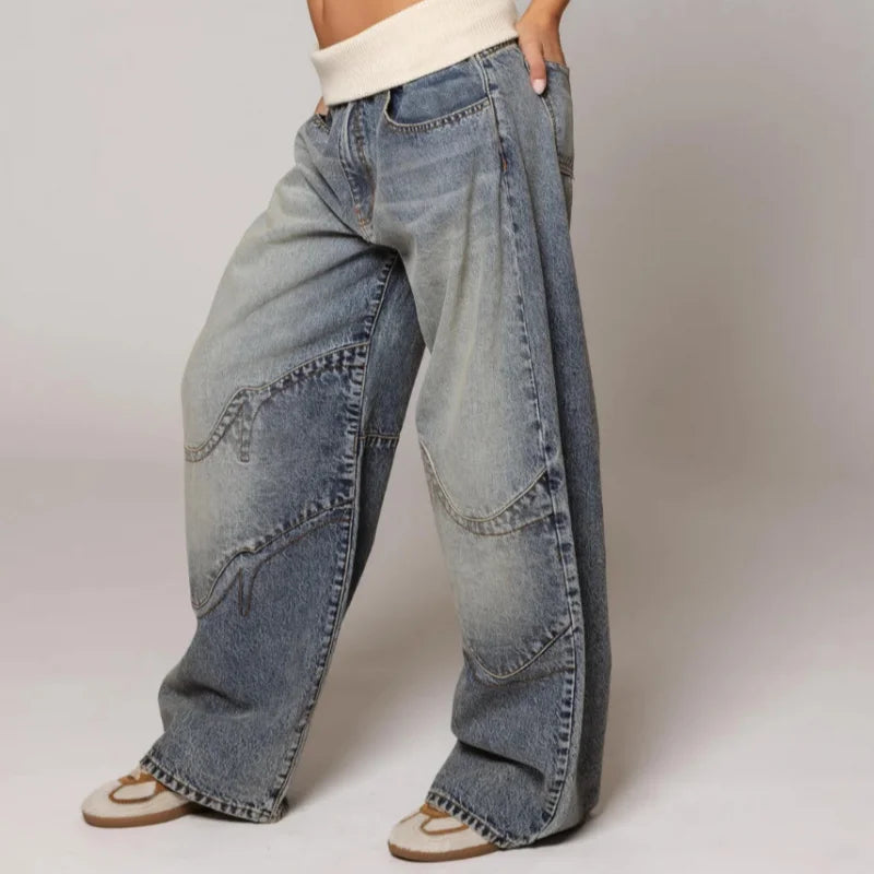 Jean baggy large taille haute style Y2K délavé clair avec ceinture côtelée