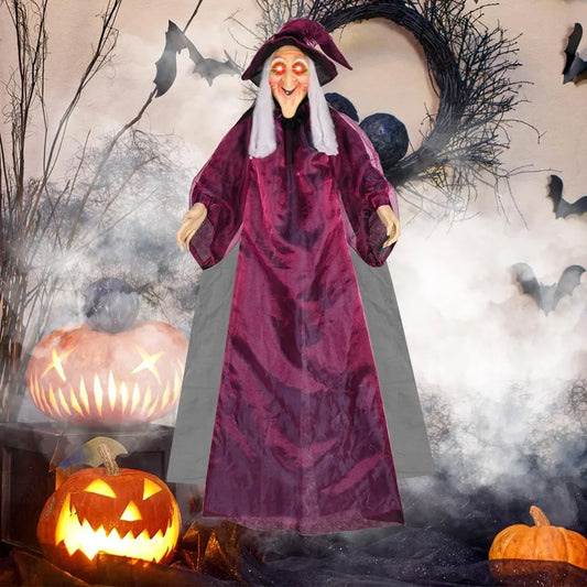 6-Foot Life-Size Animated Talking Purple Witch Halloween Decor with Sound Activation, Glowing Eyes, and Screeching Sounds for Indoor/Outdoor Use