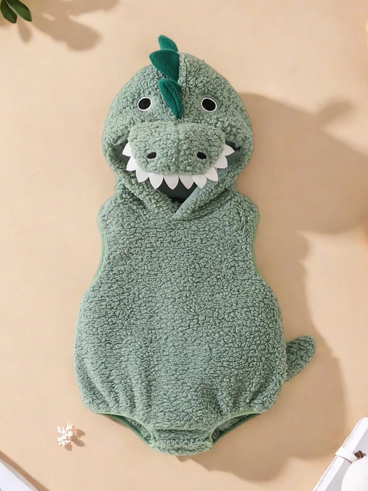 Plush Baby Dinosaur Halloween Costume Romper with Hood Sleeveless Design for Kids' Festive Fun