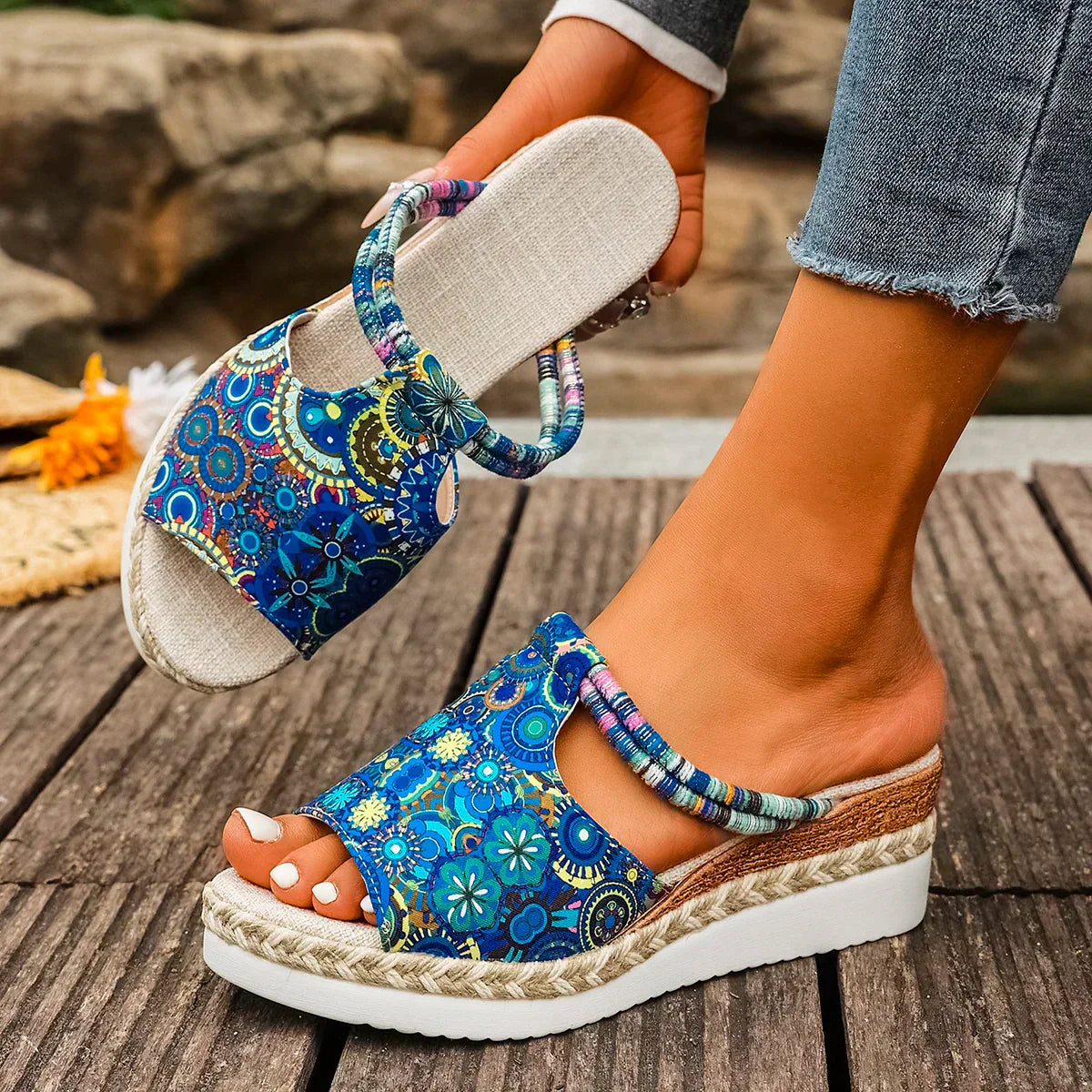 Janeiro Multicolor Adjustable Ankle Strap Wedge Heel Sandals