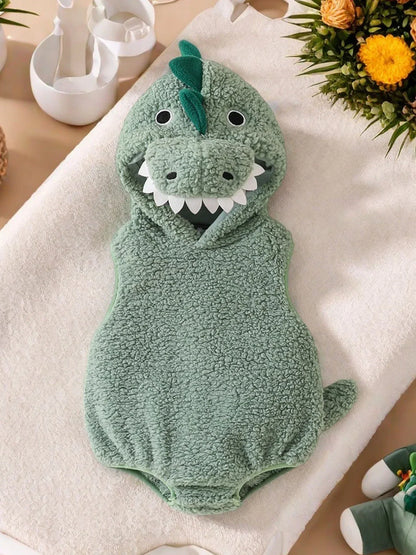 Plush Baby Dinosaur Halloween Costume Romper with Hood Sleeveless Design for Kids' Festive Fun