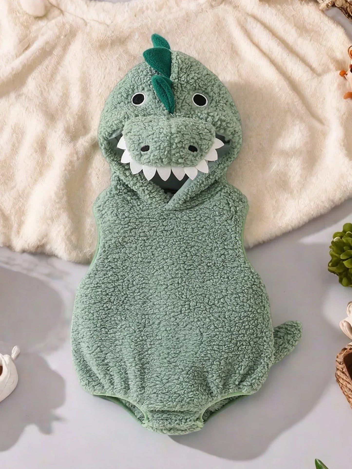 Plush Baby Dinosaur Halloween Costume Romper with Hood Sleeveless Design for Kids' Festive Fun