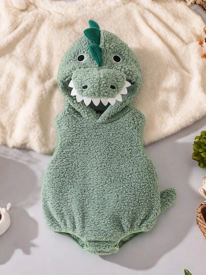 Plush Baby Dinosaur Halloween Costume Romper with Hood Sleeveless Design for Kids' Festive Fun