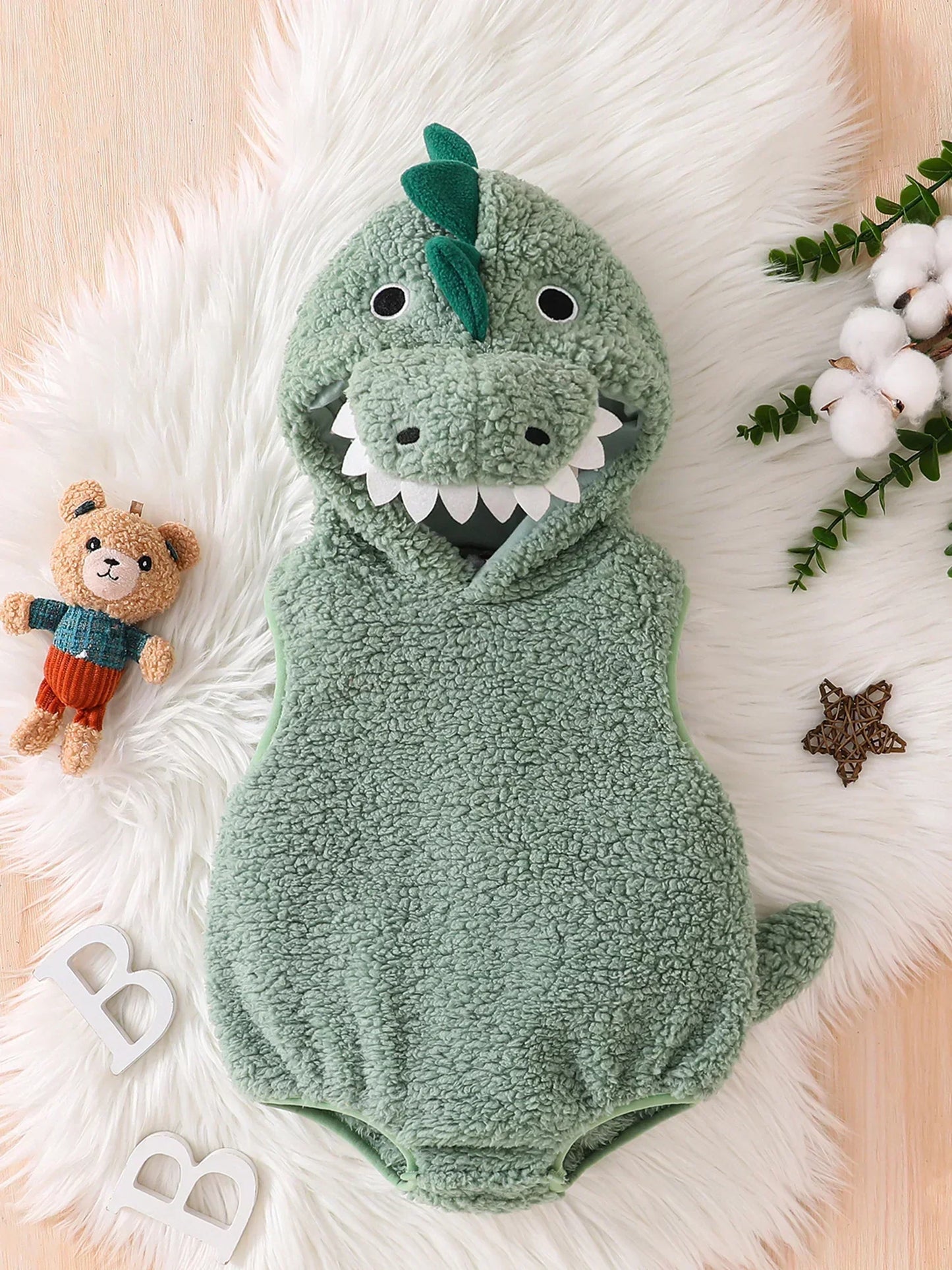 Plush Baby Dinosaur Halloween Costume Romper with Hood Sleeveless Design for Kids' Festive Fun