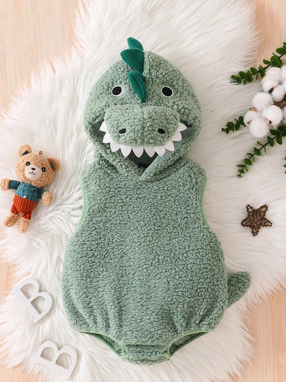 Plush Baby Dinosaur Halloween Costume Romper with Hood Sleeveless Design for Kids' Festive Fun