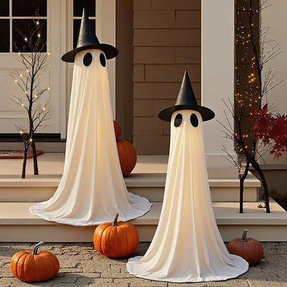 Eerie Glowing Ghost Halloween Yard Decoration with Witch Hats for Outdoor Display