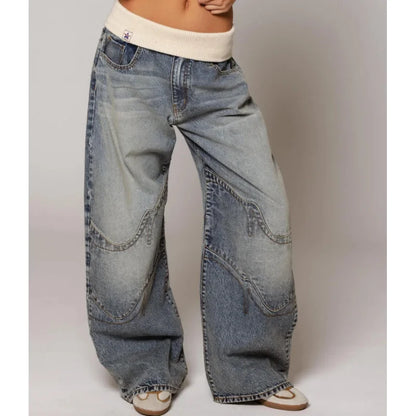 Jean baggy large taille haute style Y2K délavé clair avec ceinture côtelée