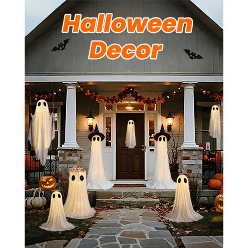 Eerie Glowing Ghost Halloween Yard Decoration with Witch Hats for Outdoor Display