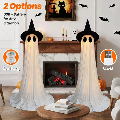 Eerie Glowing Ghost Halloween Yard Decoration with Witch Hats for Outdoor Display