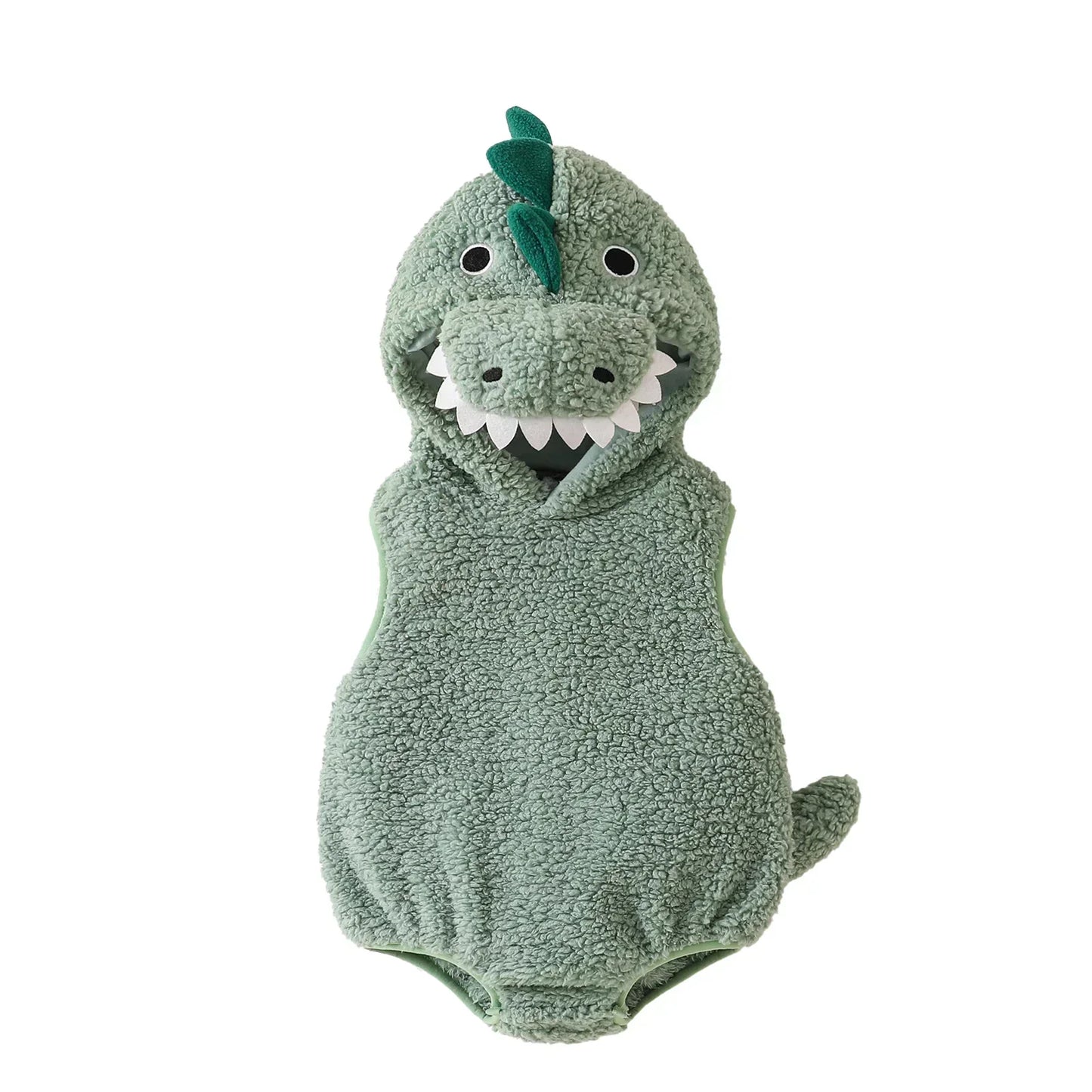Plush Baby Dinosaur Halloween Costume Romper with Hood Sleeveless Design for Kids' Festive Fun
