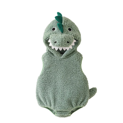 Plush Baby Dinosaur Halloween Costume Romper with Hood Sleeveless Design for Kids' Festive Fun