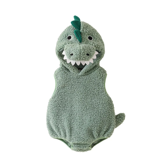 Plush Baby Dinosaur Halloween Costume Romper with Hood Sleeveless Design for Kids' Festive Fun
