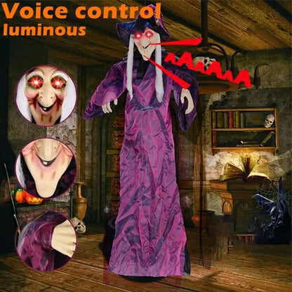 6-Foot Life-Size Animated Talking Purple Witch Halloween Decor with Sound Activation, Glowing Eyes, and Screeching Sounds for Indoor/Outdoor Use