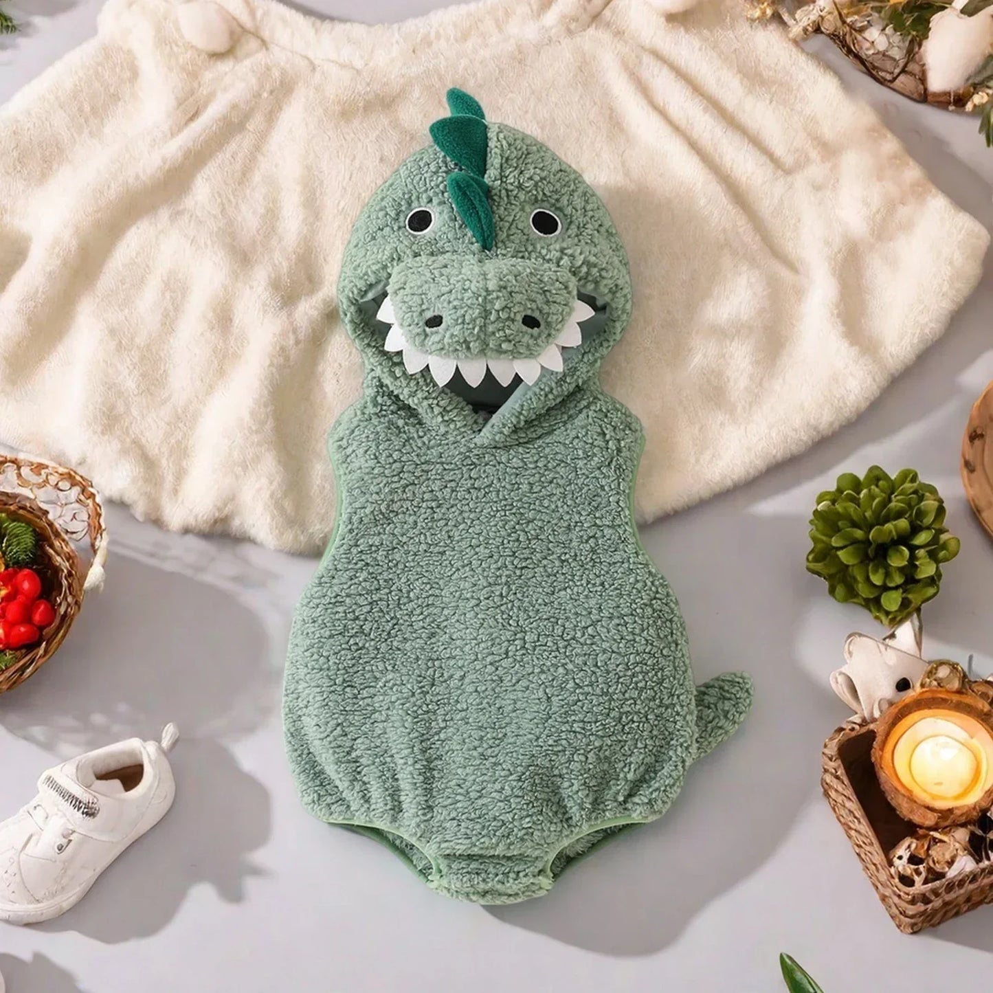 Plush Baby Dinosaur Halloween Costume Romper with Hood Sleeveless Design for Kids' Festive Fun