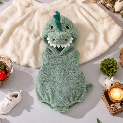 Plush Baby Dinosaur Halloween Costume Romper with Hood Sleeveless Design for Kids' Festive Fun