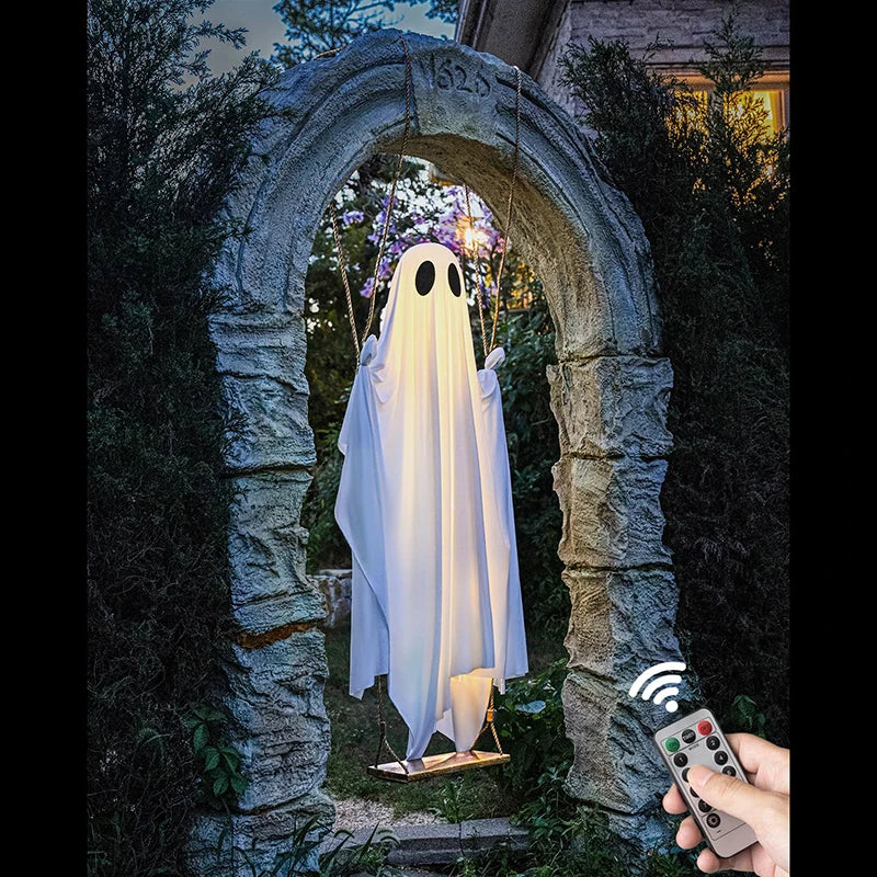 Outdoor Large Hanging Ghost Swing Decoration with Integrated Lights for Halloween Porch and Yard Decor