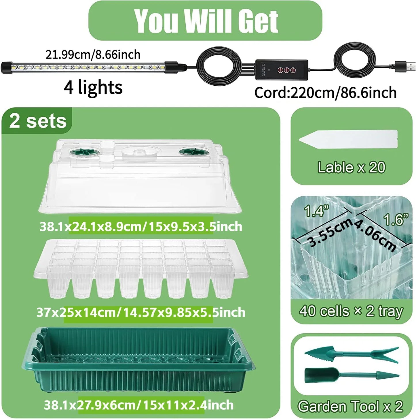 LED Grow Light Seed Starter Trays with High Dome - 80 Cell Seedling Kit, Smart Timer & Garden Tools for Home Gardening