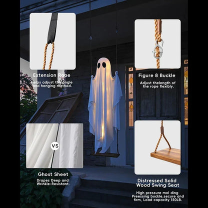 Outdoor Large Hanging Ghost Swing Decoration with Integrated Lights for Halloween Porch and Yard Decor