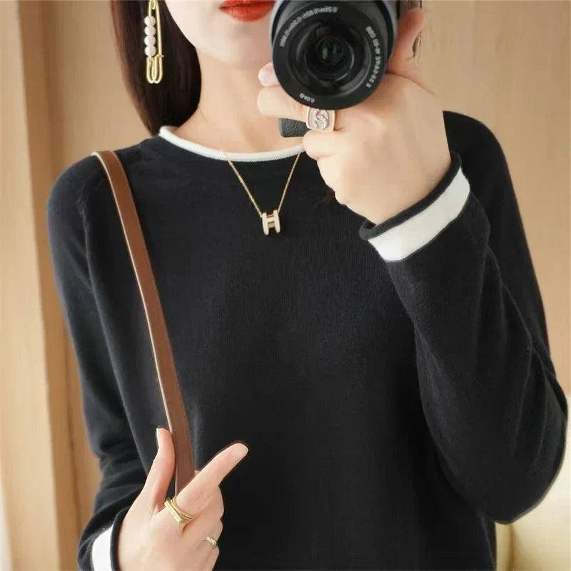 Colour Block Cotton Blend Sweater Loose Fit Round Neck – Mira