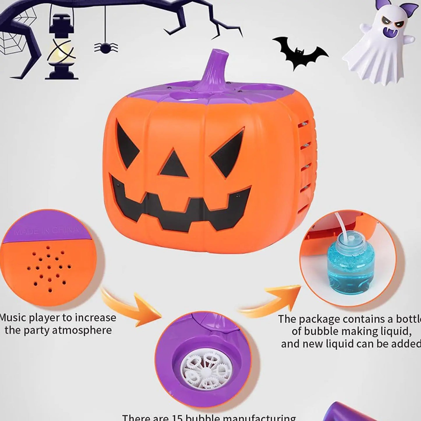 Halloween Pumpkin Bubble Machine with Spooky Sound and Light Effects for Festive Party Decorations