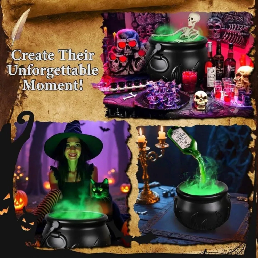 Halloween Witch Cauldron Fog Machine with Green LED Lighting for Haunted House Decorations