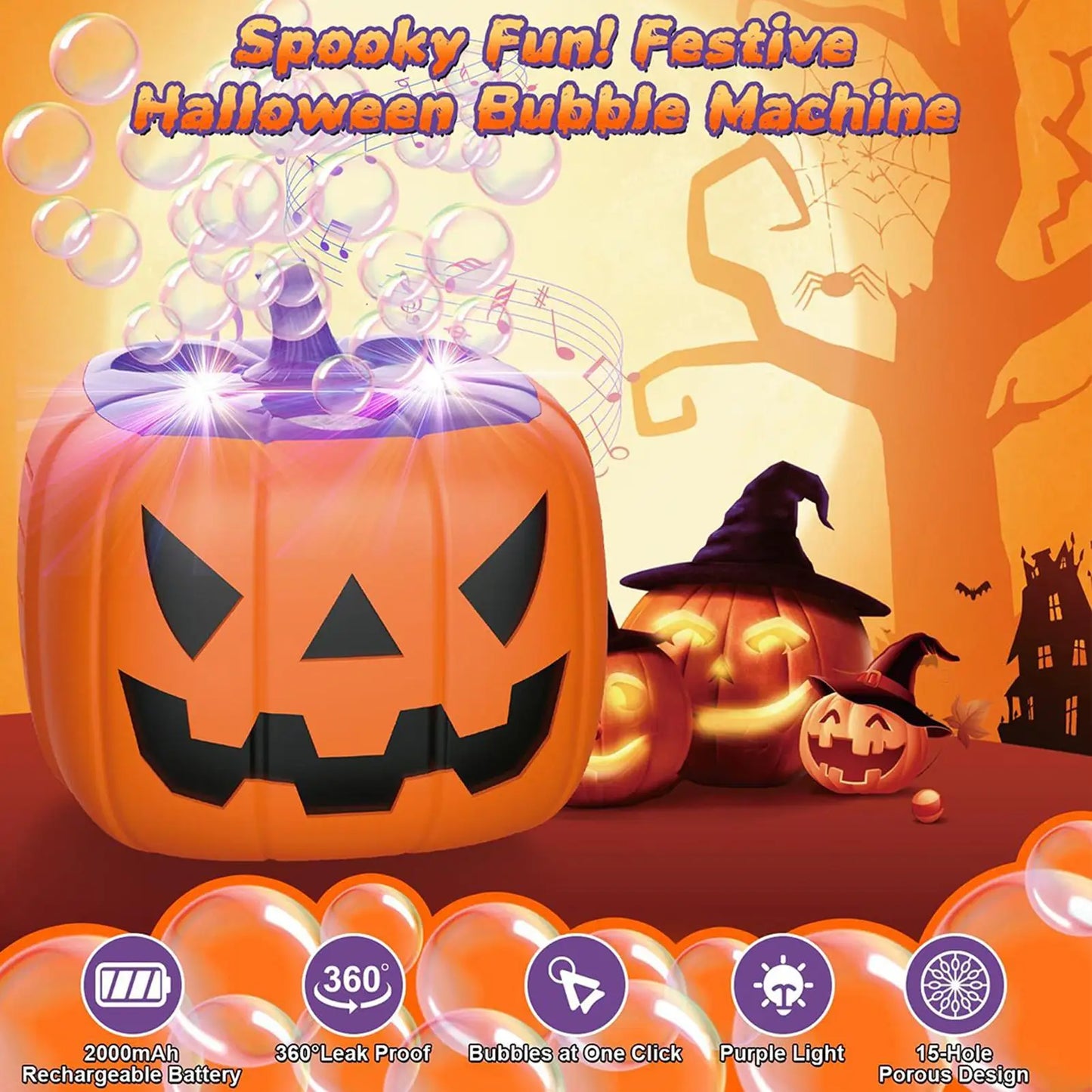 Halloween Pumpkin Bubble Machine with Spooky Sound and Light Effects for Festive Party Decorations