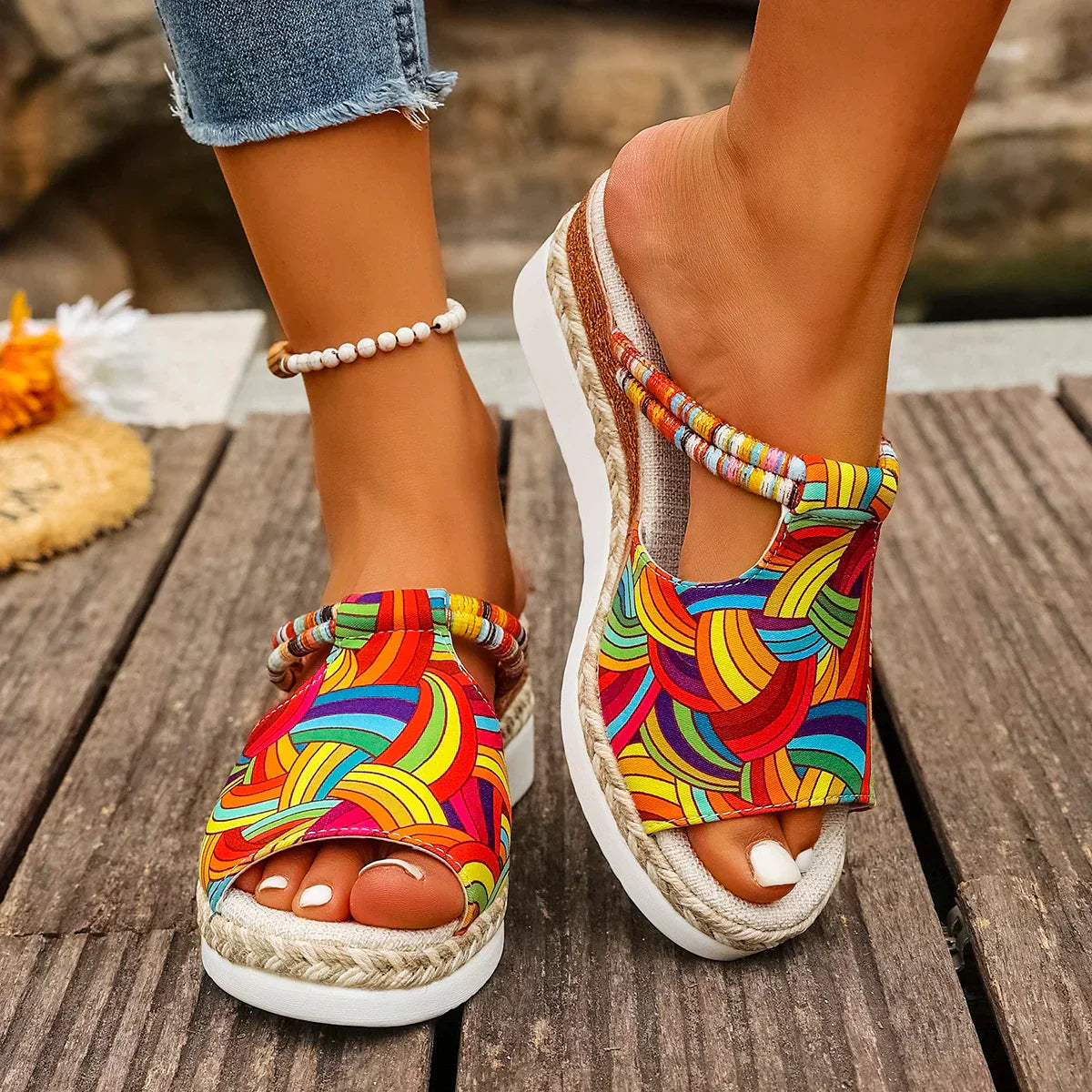 Janeiro Multicolor Adjustable Ankle Strap Wedge Heel Sandals