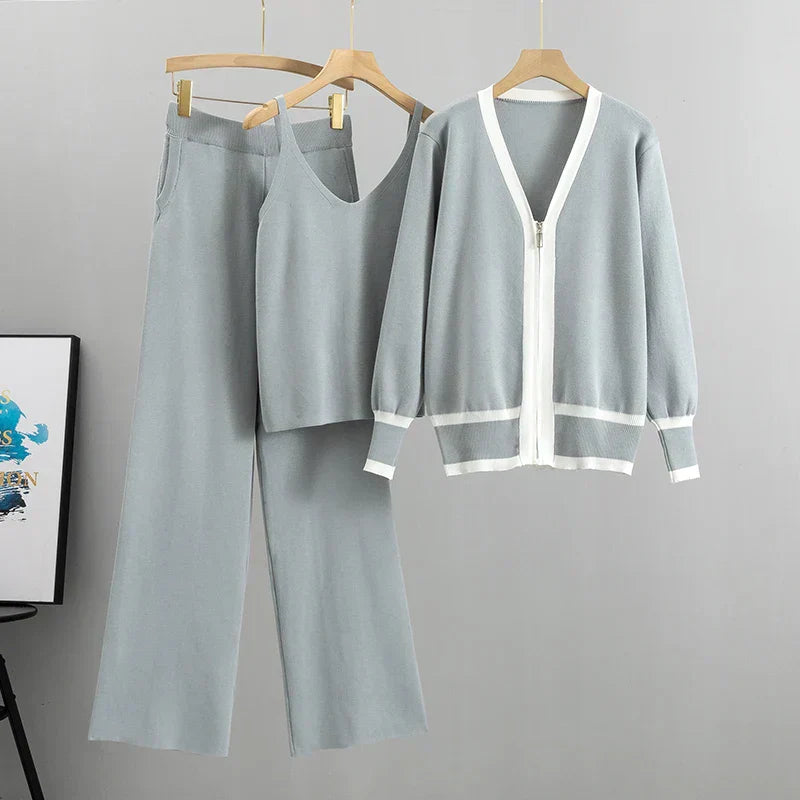 Elle Luxury Three-Piece Knit Set with Vest and Cardigan