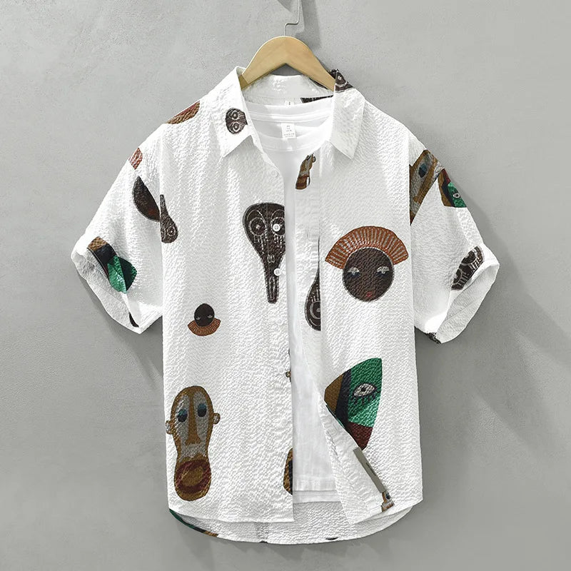 Oruka Shirt Featuring Tribal Art and Cubist Abstract Faces Design