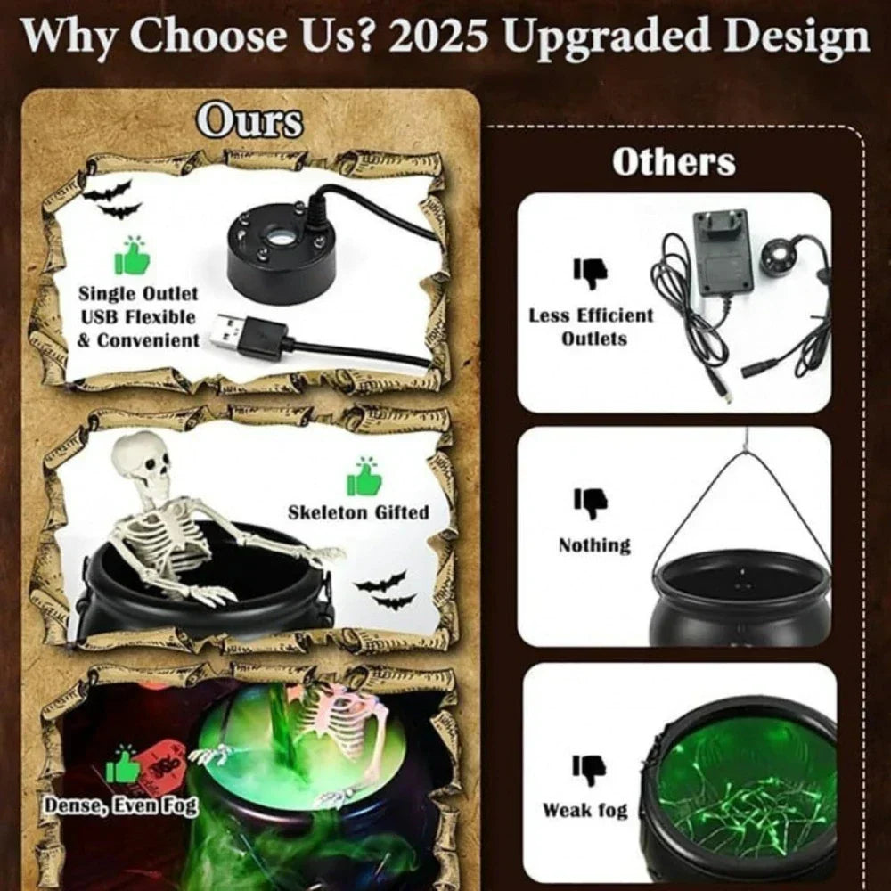 Halloween Witch Cauldron Fog Machine with Green LED Lighting for Haunted House Decorations