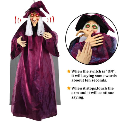6-Foot Life-Size Animated Talking Purple Witch Halloween Decor with Sound Activation, Glowing Eyes, and Screeching Sounds for Indoor/Outdoor Use