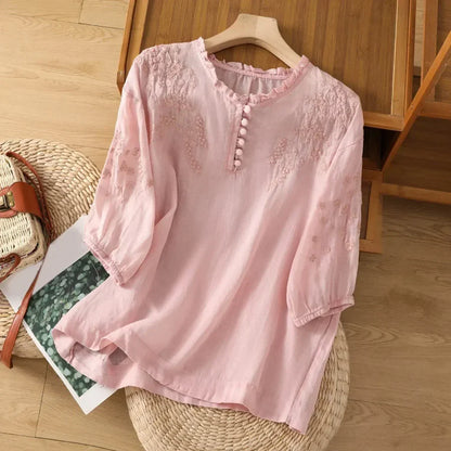 Women's Floral Embroidered Cotton Blend Blouse Button Front – Marielle