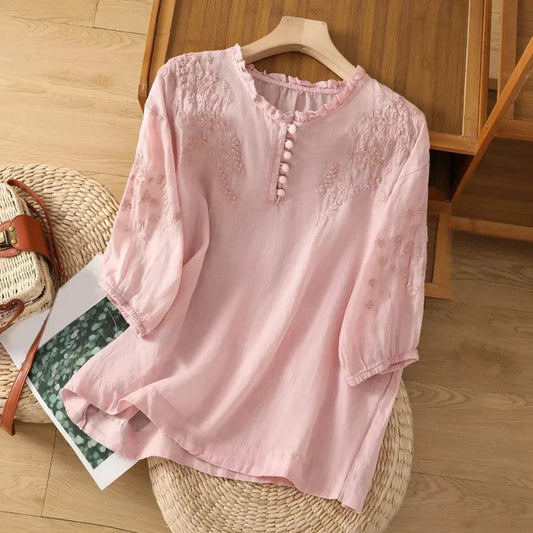 Women's Floral Embroidered Cotton Blend Blouse Button Front – Marielle
