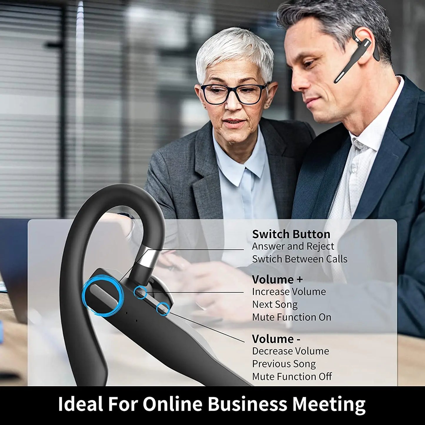 Bluetooth 5.1 Wireless Noise-Canceling Headset – Comfortable Ear-Mounted Business Headphones
