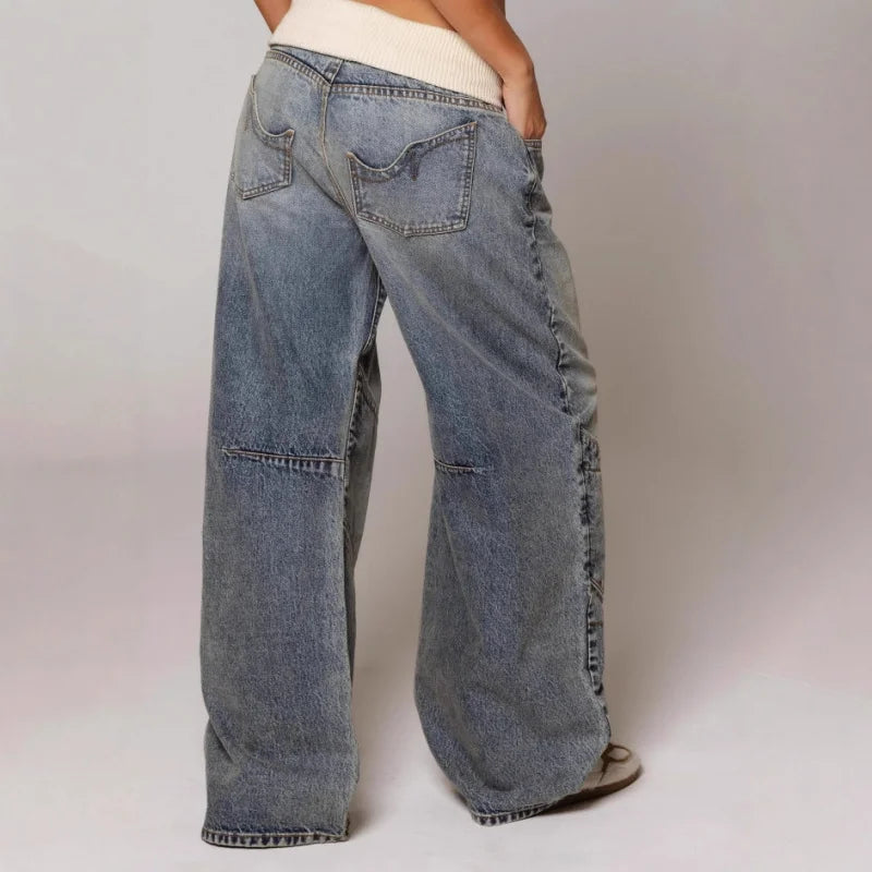 Jean baggy large taille haute style Y2K délavé clair avec ceinture côtelée