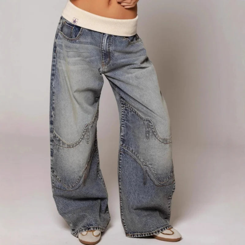 Jean baggy large taille haute style Y2K délavé clair avec ceinture côtelée