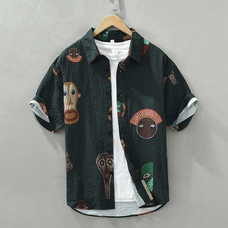 Oruka Shirt Featuring Tribal Art and Cubist Abstract Faces Design
