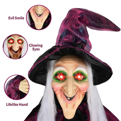 6-Foot Life-Size Animated Talking Purple Witch Halloween Decor with Sound Activation, Glowing Eyes, and Screeching Sounds for Indoor/Outdoor Use
